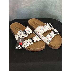 Disney Minnie Mouse Women White Character Print Double Strap Cork Sandals Size 9